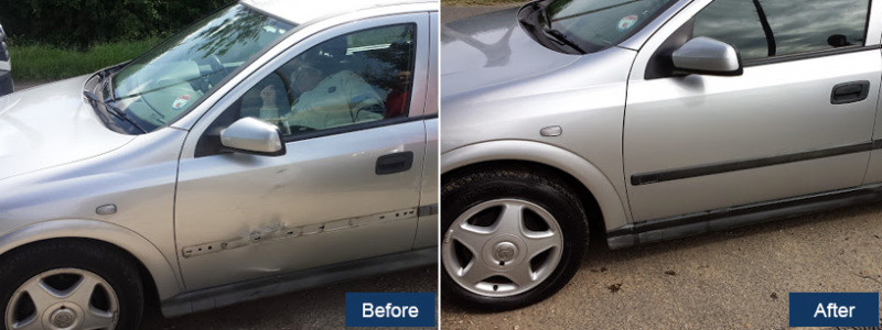Silver Vauxhall Astra side panels, before and after repair