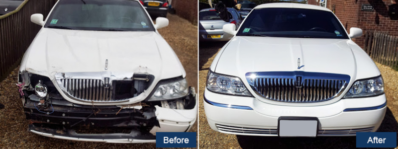 Lincoln limousine front end before and after repair